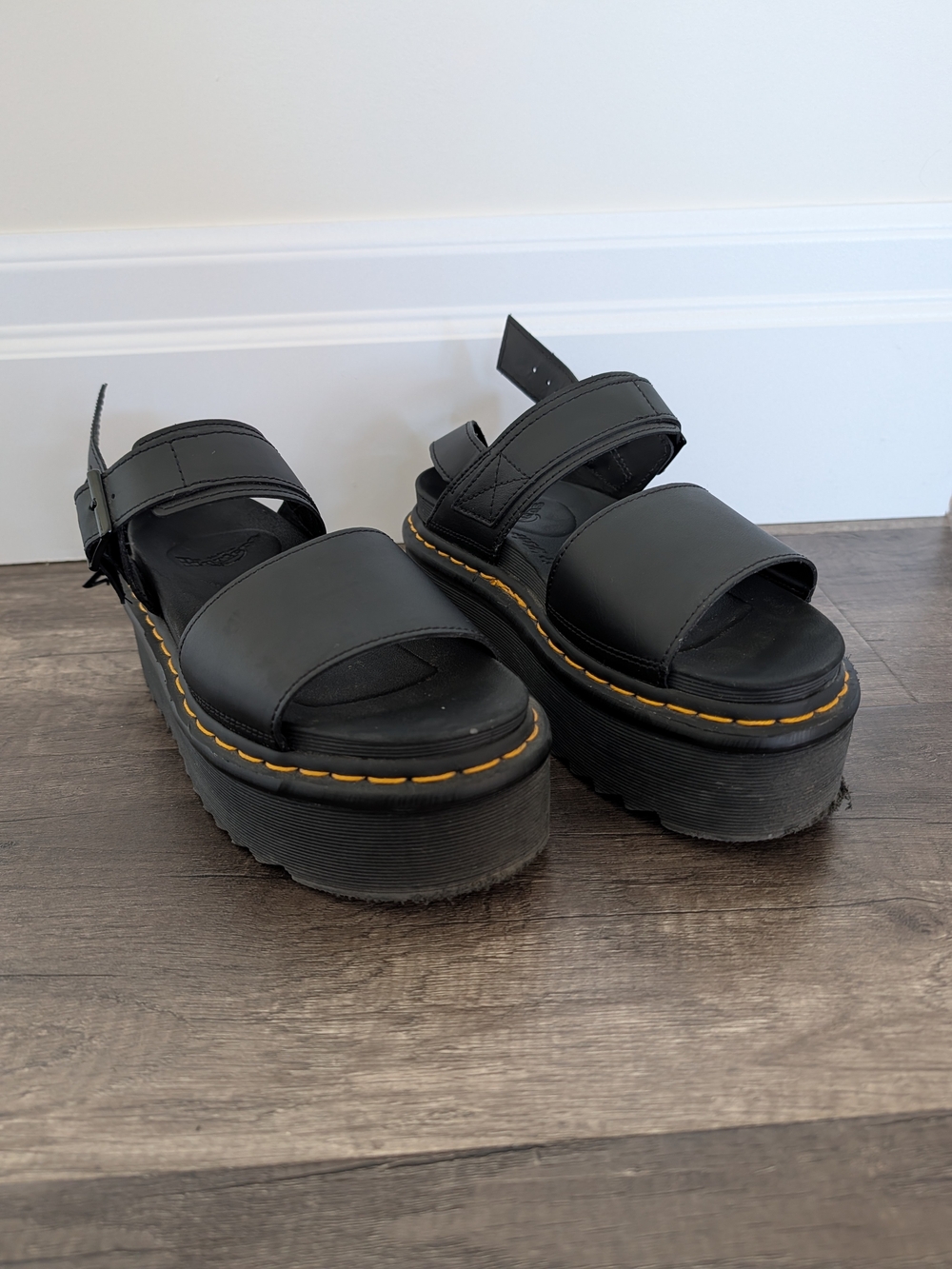 Dr. Martens Black Platform Sandals with Yellow Welt Stitching